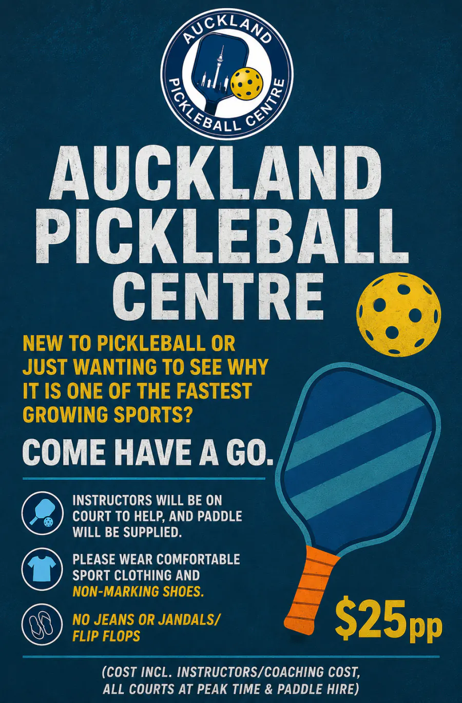 New to Pickleball — $25pp. Instructors on court, paddles supplied. Wear sport clothing and non-marking shoes (no jeans, jandals or flip flops).