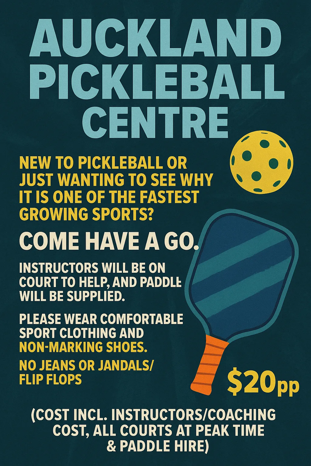 New to Pickleball — $20pp. Instructors on court, paddles supplied. Wear sport clothing and non-marking shoes (no jeans, jandals or flip flops).
