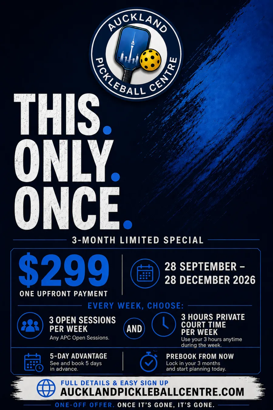 Poster: This. Only. Once. 3-month limited special. $299 one upfront payment, 28 September – 28 December 2026. 3 Open Sessions and 3 hours private court time every week.